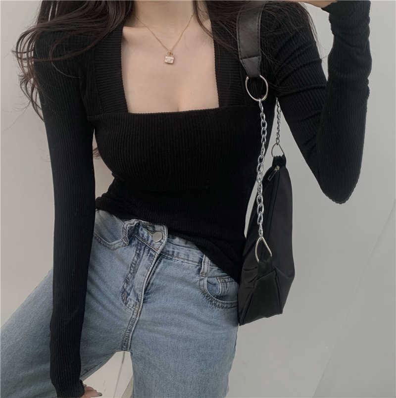 WOMENGAGA Korea Spring Summer Tops Fleece Thickened Long Sleeve T-shirt Women's Collarbone Slim Square Neck Tees 6JPO 210603