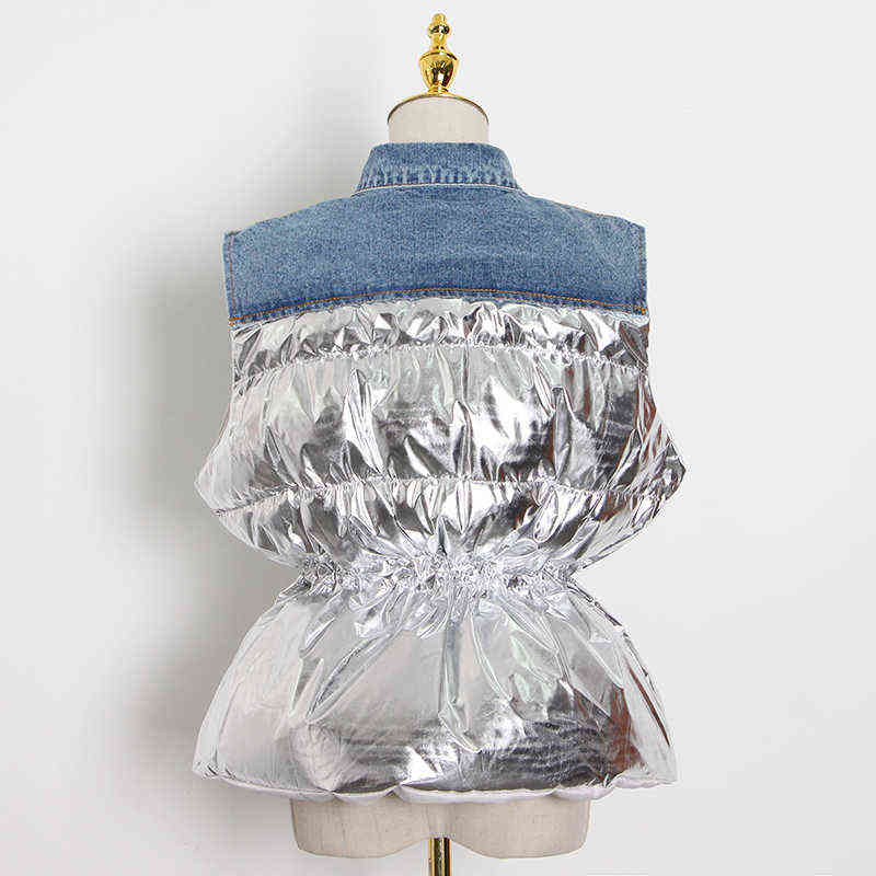 TWOTWINSTYLE Drawstring Patchwork Denim Vest For Women Lapel Sleeveless Casual Loose Cotton Coat Female Winter Fashion 211120