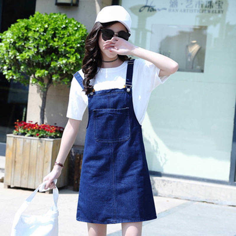 Blue Big Pocket Adjustable Strap Jeans Dress Summer Lady Korean Vest All-match Girl Student Loose A-line Short Denim 210604