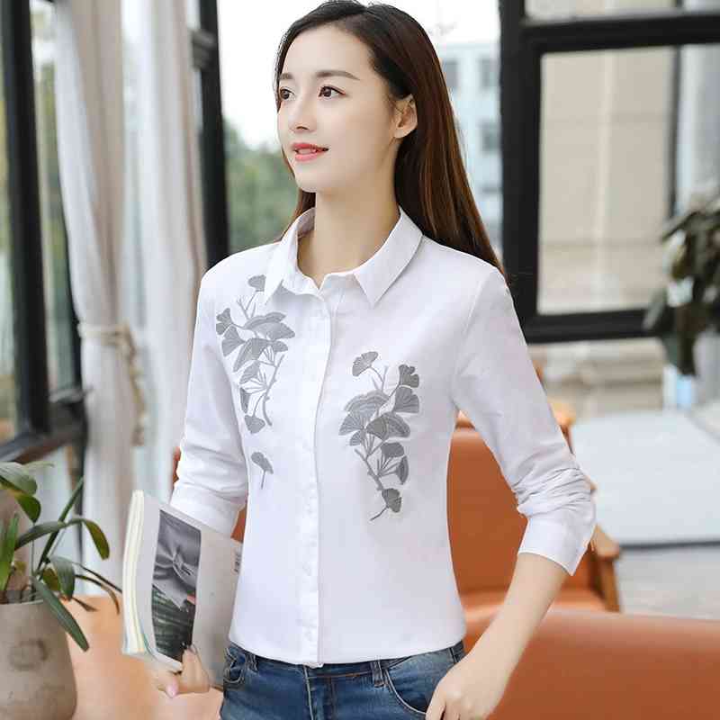 spring women tops chiffon shirts long sleeved blouses plus size embroidery office lady casual slim clothing D424 30 210506