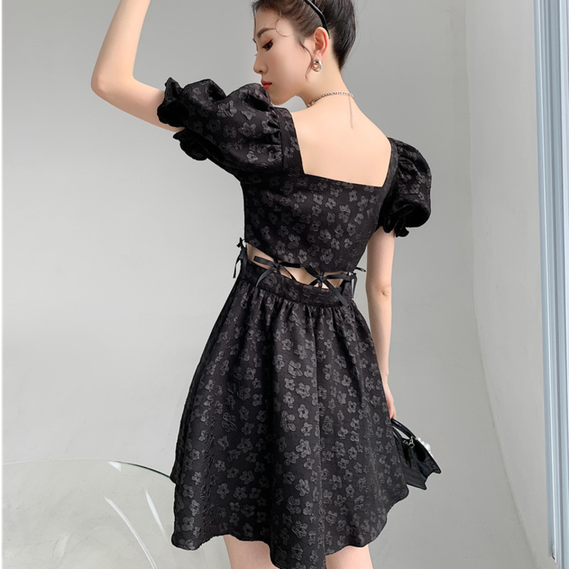 Women Hollow Out Dress Square Neck Puff Sleeve Black Printed Dresses Temperament Fit Fashion Summer 2H619 210526