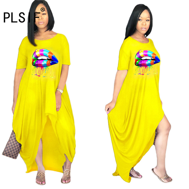new o neck summer asymmetrical dress lip print short sleeve casual beach dress lady long dress, Black;gray
new o neck summer asymmetrical dress lip print short sleeve casual beach dress lady long dress, Black;gray