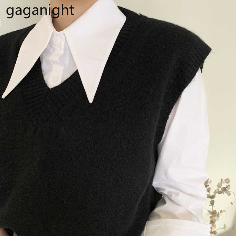Casual Women Two Pieces Set Long Sleeve Solid Shirt Loose Knitted Vest Office Lady 2 Outfits Spring Suits 210601