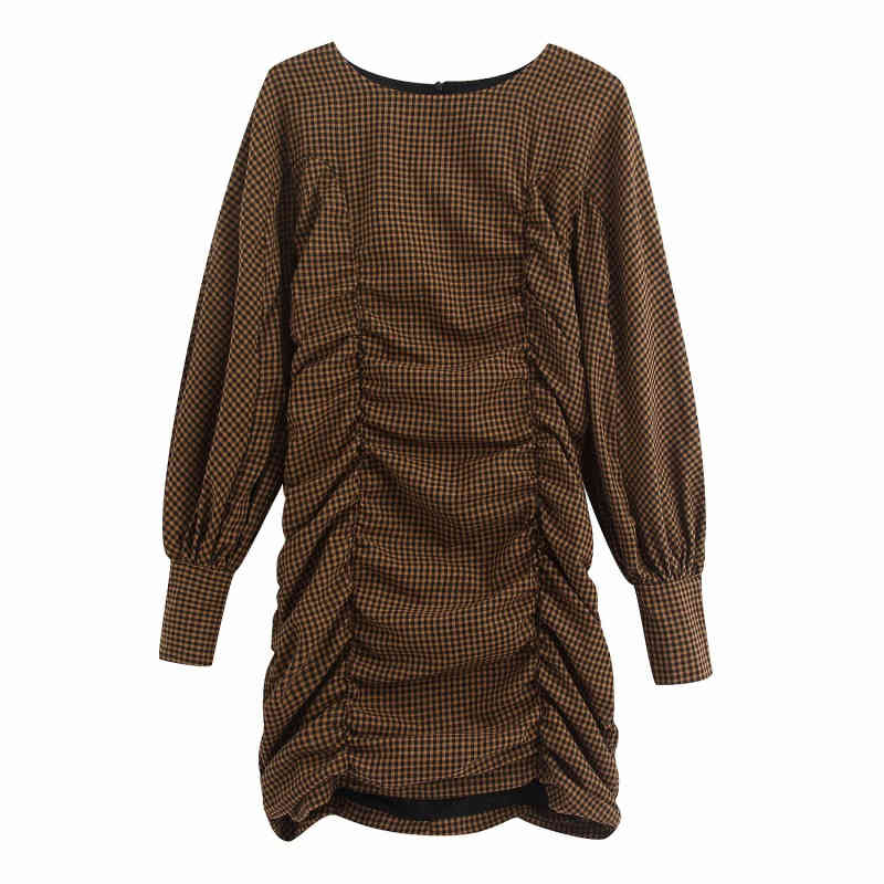 Vintage Woman Plaid Pleated Stretchy Slim Mini Dresses Spring Fashion Ladies Lantern Sleeve Female Elegant 210515