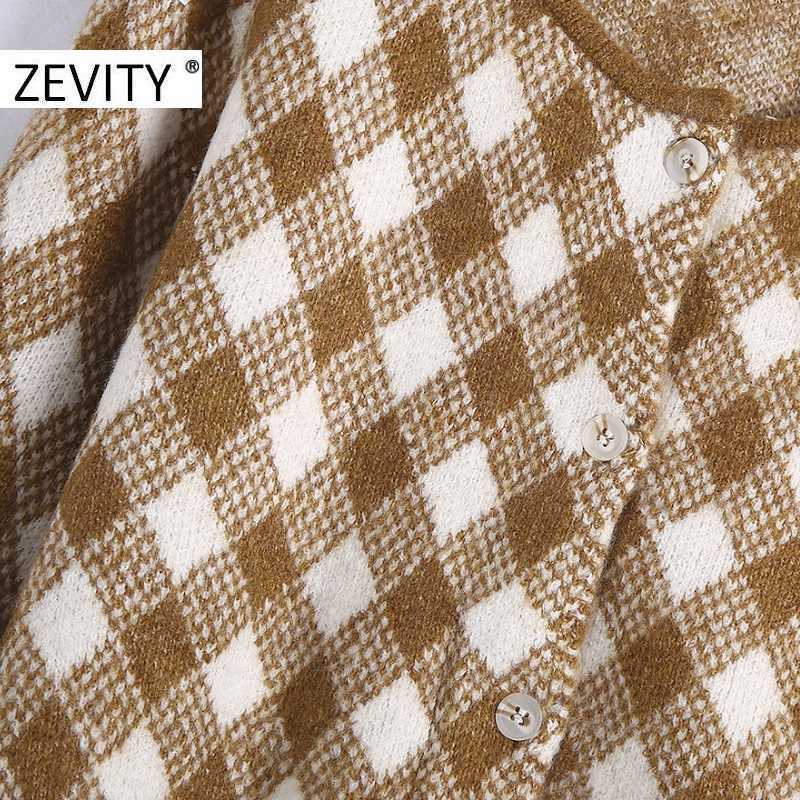 Zevity Women Fashion O Neck Geometric Print Short Knitting Sweater Lady Long Sleeve Breasted Chic Casual Cardigans Tops S455 210603