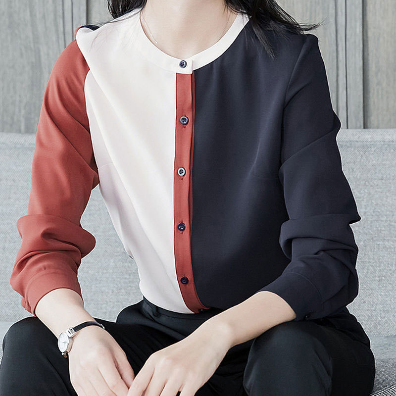 Spring Summer Office Lady Shirts Long Sleeve Patchwork Chiffon Shirt All-matched Casual Ladies Tops Women Blouses D194 210512