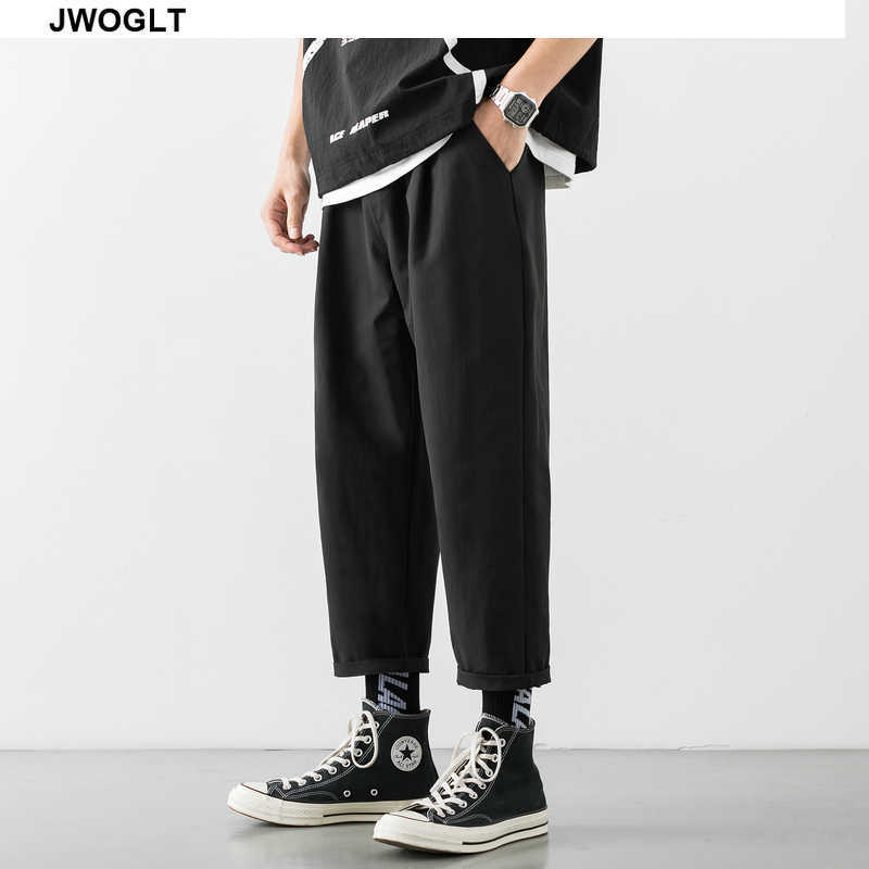 Summer Korean Fashion Mens Pants Streetwear Hipster Black Khaki Gray Drawstring Waist Straight Ankle-Length Trousers 210528