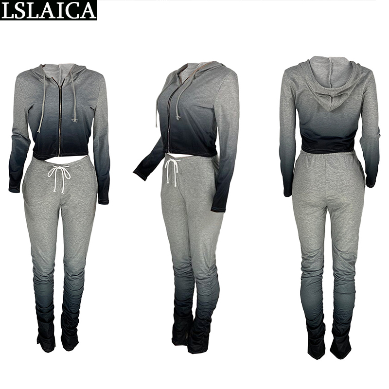Tie Dye Print Two Piece Set Fall Clothes for Women Casual Tracksuit Hooded Zipper Crop Top Stacked Pants Fashion Streetwear 210520