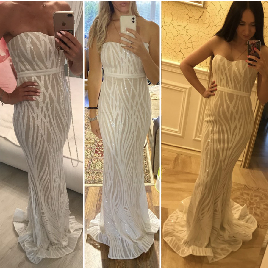 White Strapless Bridesmaid Dress Sequined Maxi Dresses Floor Length Stretch Empire Sleeveless Mermaid Dress Evening Prom Party Gowns