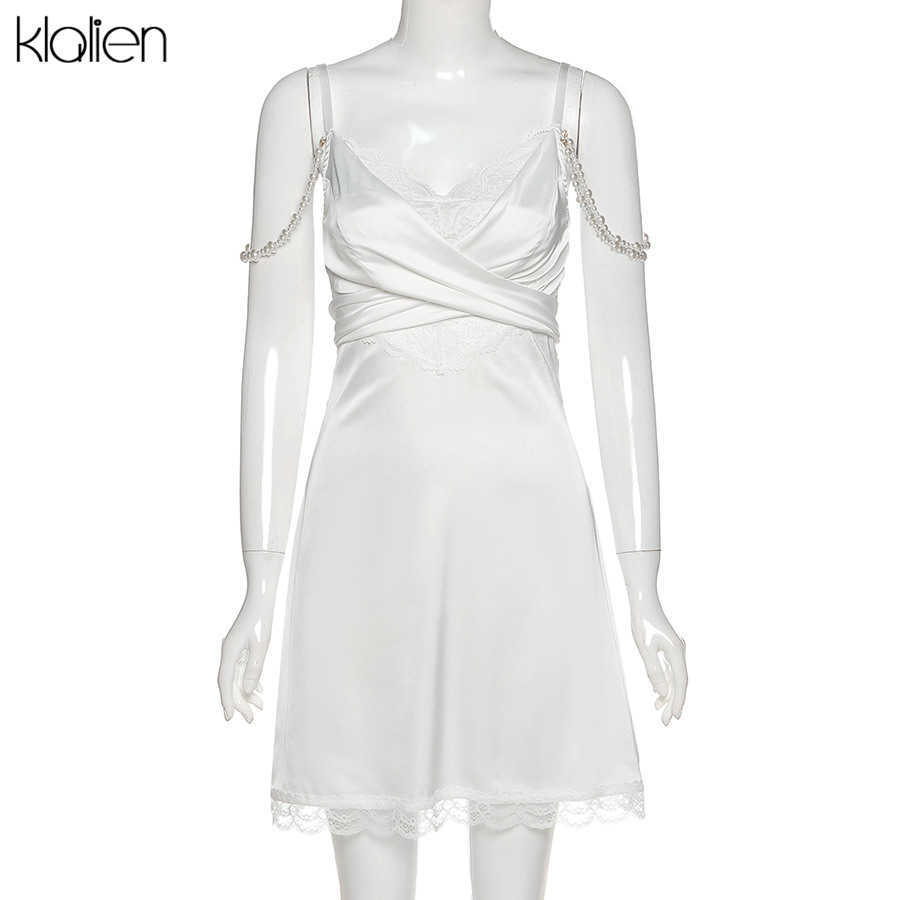 KLALIEN Fashion Elegant Bow Cute Sweet Lace Up White Women Dress Summer Pearl pendant V Neck A-Line Sling Mini Dress 210630