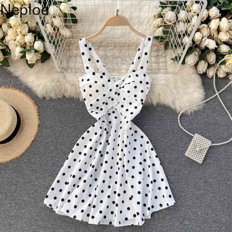 Neploe Woman Dress Fashion Polka Dot V-neck Backless Vestidos Summer Clothes Robe Sweet Sling Mini Dresses for Women 94937 210422