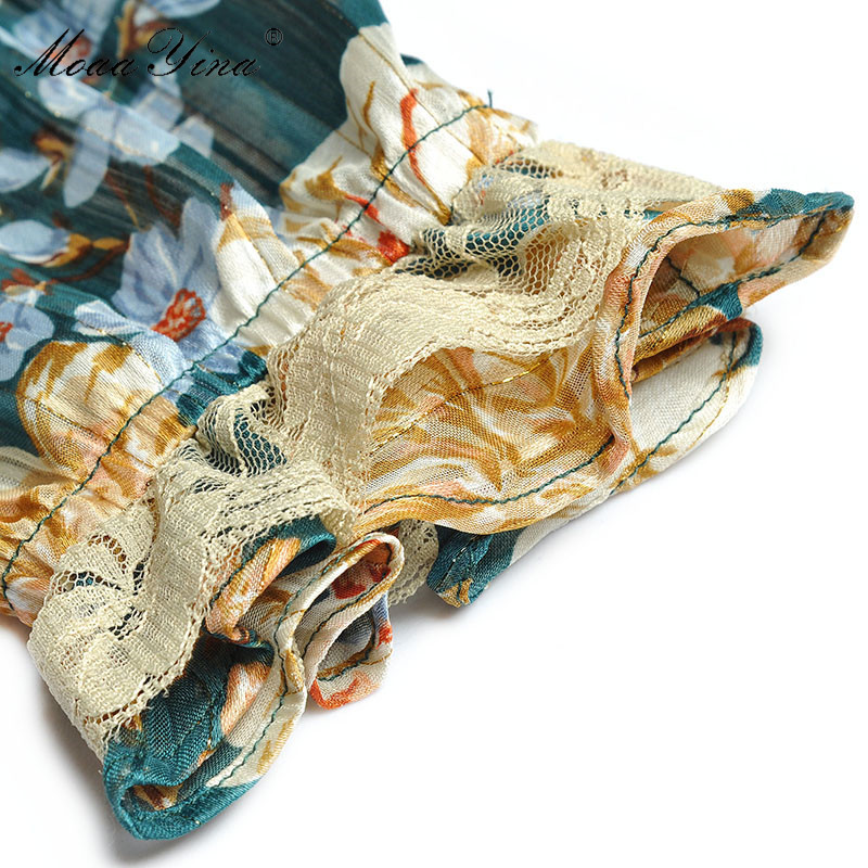 Fashion dress Spring Women Dress Mesh Long sleeve Beaded Vintage Floral Print Lace Cascading Ruffle Chiffon Dresses 210524