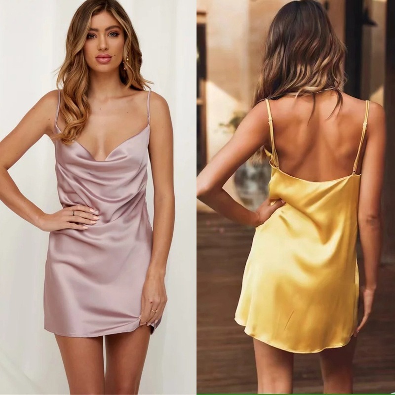 Spring Summer Women Satin Dress Sexy Camisole Elastic Female Home Beach Dresses Elegant Bodycon Party 210428