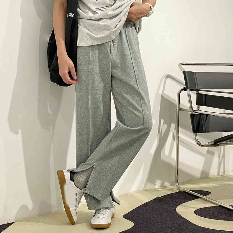 IEFB Men's Sports Casual Pants Korean Fashion Loose Straight Zipper Split Hem Black Sweatpants Spring Summer 9Y6916 210524