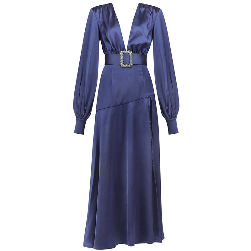 DEAT Women Purple Asymmetrical Sashes High Waist Split Fork Dress New V-Neck Long Sleeve Loose Fashion Tide Summer 7E0389 210428
