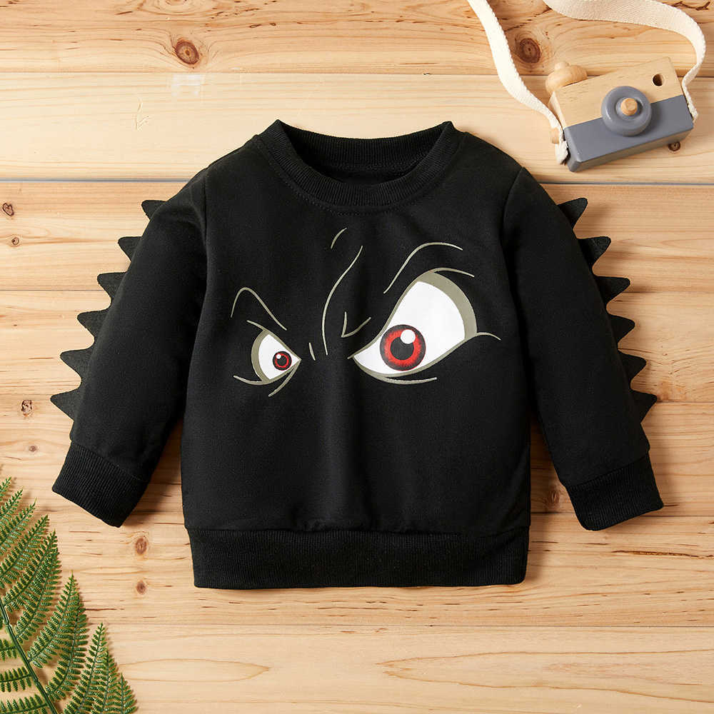 Spring and Autumn Baby Toddler Boy Cool Cartoon Eye Print Solid Dino Decor Pullover for KIds Sweatshirt 210528