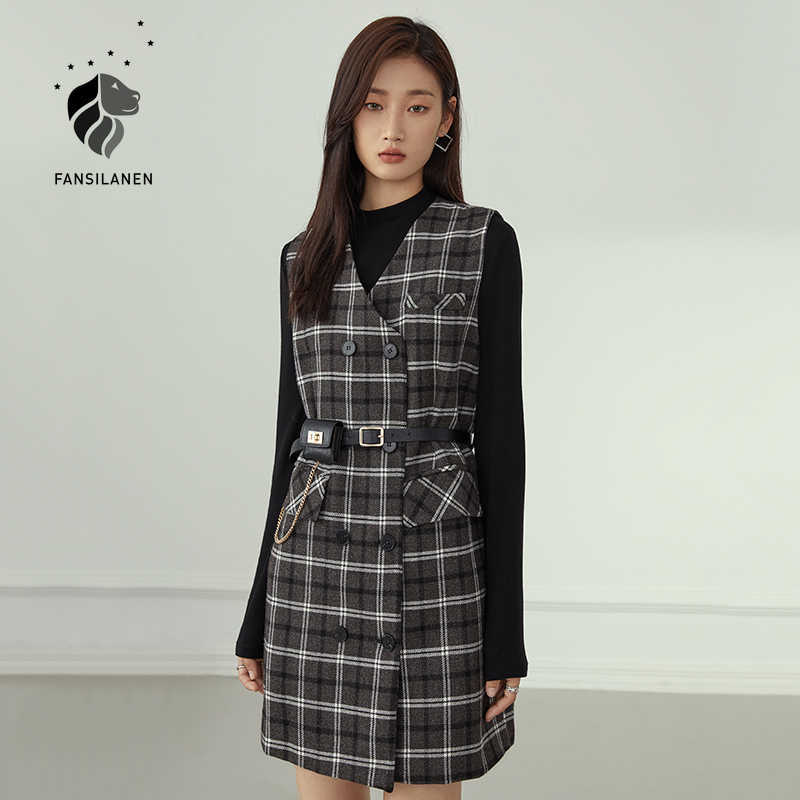 FANSILANEN Two pieces set casaul plaid blazer dress Women sleeveless belt elegant office Autumn winter vintage mini 210607, Khaki
FANSILANEN Two pieces set casaul plaid blazer dress Women sleeveless belt elegant office Autumn winter vintage mini 210607, Khaki