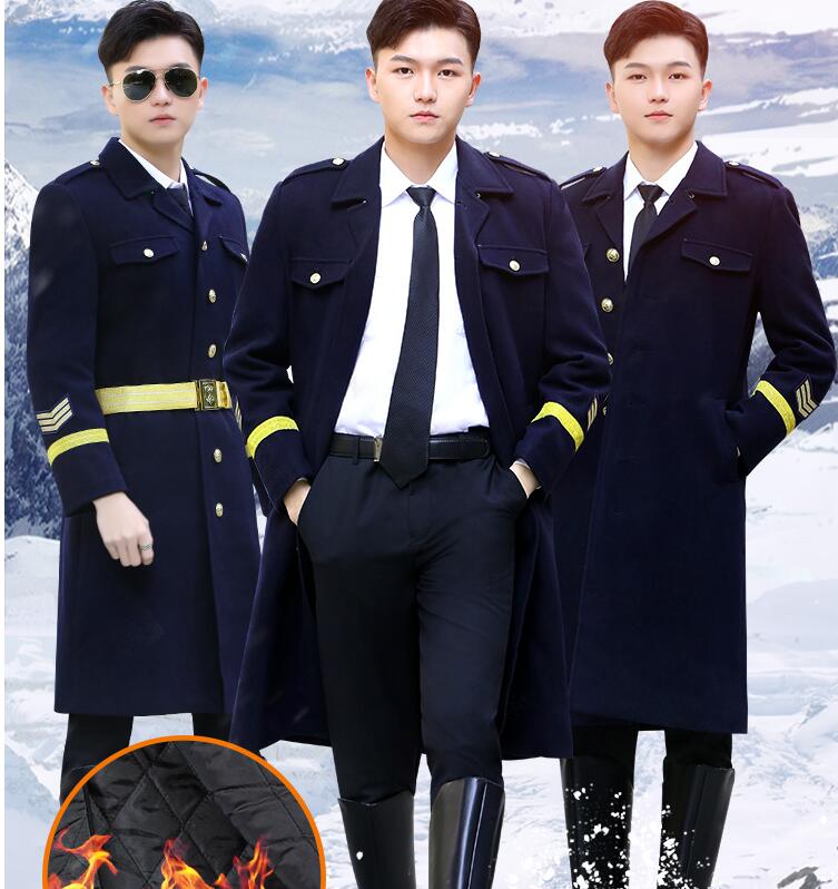 Men's Wool & Blends Airline captain woolen Overcoat male pilot thick property security winter clothing wool annual meeting performance Trench Coa
