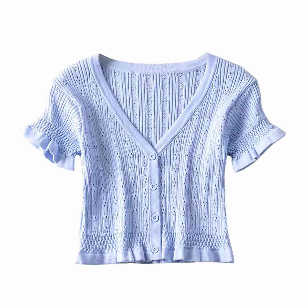 Summer ruffle pink cardigan women crop sweater korean fashion clothing Sexy button knitted 210521