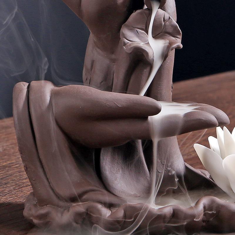 Fragrance Lamps Buddha Hand Incense Sticks Holder Lotus Backflow Burner Purple Sand Smoke Waterfall Ceramic Censer Decorative