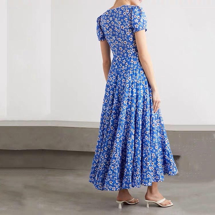 Fashion Runway Summer Long Sleeve Maxi Dress Women's Blue Robe De Mujer Floral Print Elegant Party Holiday Dresses 210421