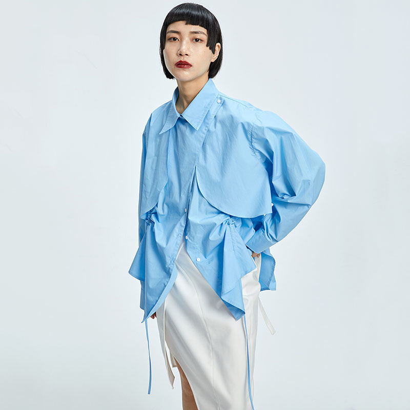 [EAM] Women Blue Big Size Strap Irregular Blouse Lapel Long Sleeve Loose Fit Shirt Fashion Spring Autumn 1DD7304 21512