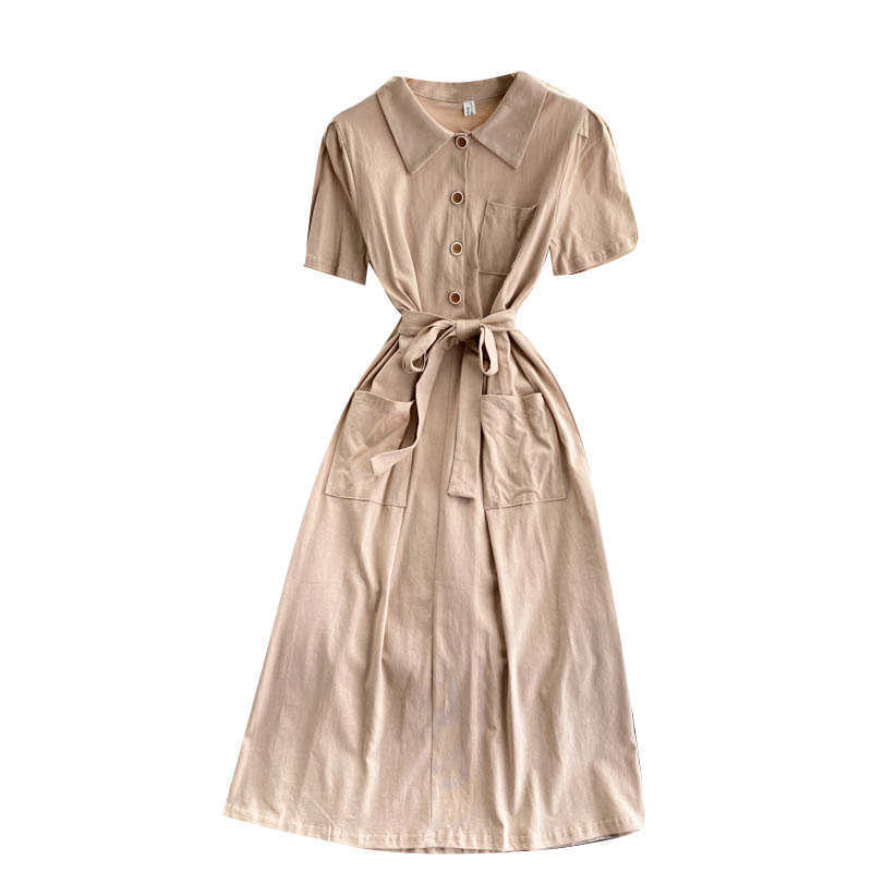 DEAT Women Black Belt Dress Turn-down Collar Short Sleeve Arrivals Lady Temperament Fashion Spring Summer 11D581 210709