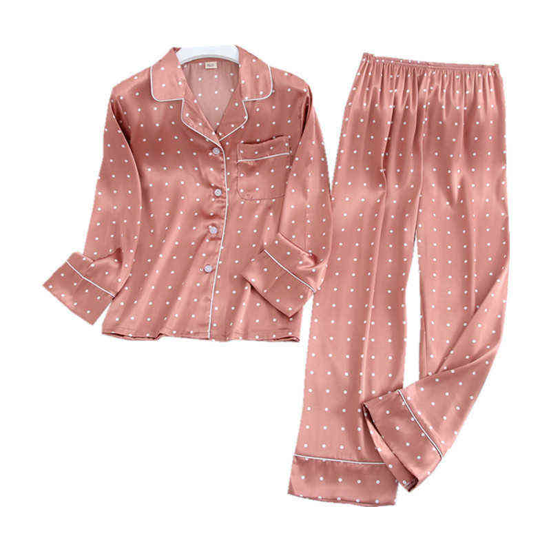 Ice Silk Satin Lapel Women Pajama Set Printing Fashion Pajamas Long Sleeve Pyjamas Set 211109