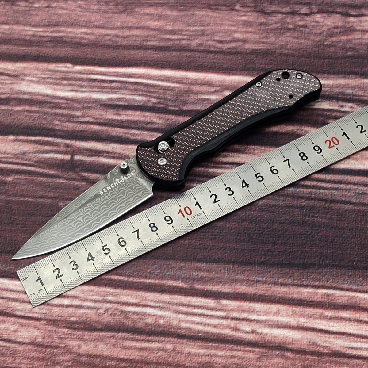2020 Ball System Bench Knife: 908-161 AXIS Stryker II-Odin Heim Damasteel-AXIS Lock-Red carbon fiber + G-10, blade length 3.57 inches