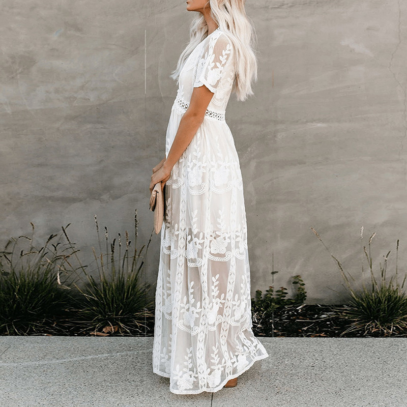 Boho Inspired white Lace tunic summer beach dress women deep V-neck lining embroidery slit side bohemian tunic dress female 210331