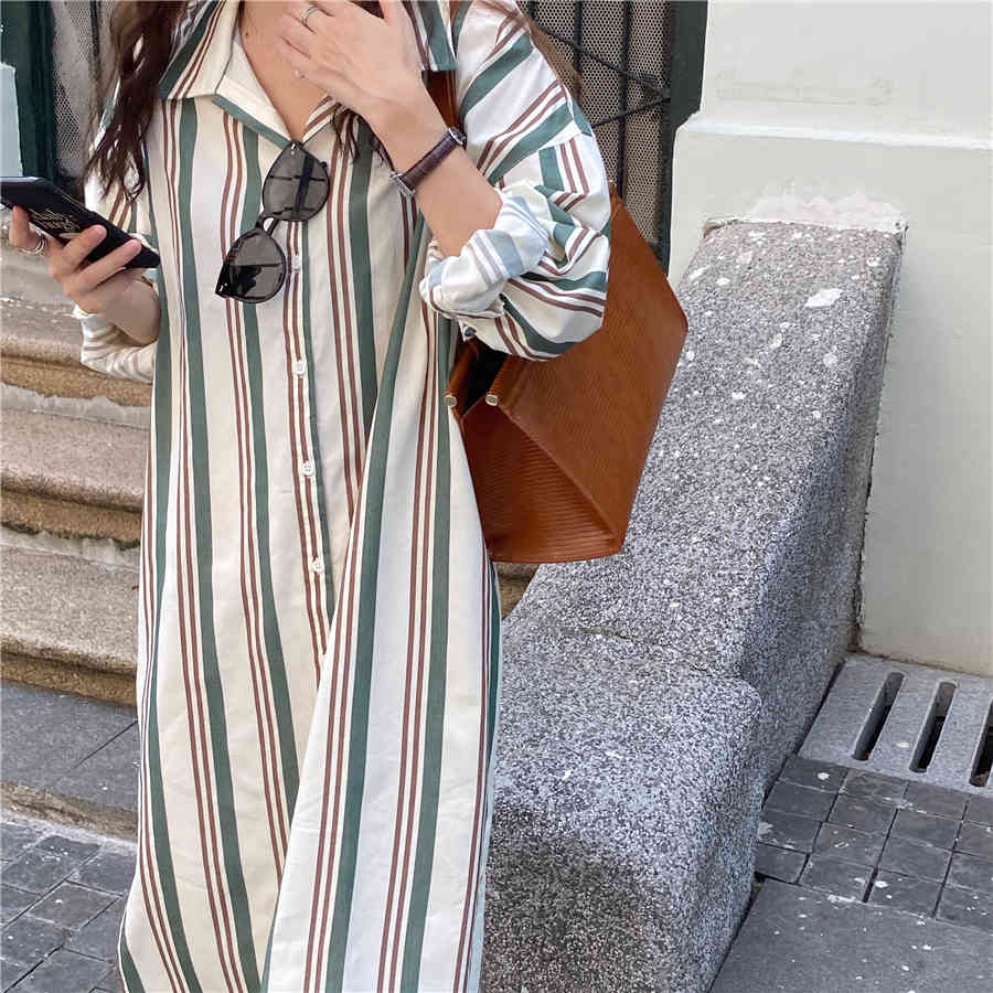Spring Summer Oversize Striped All Match Mid-length Slit Dress Women Long Sleeve Turn-Down Collar Loose Casual Dresses D12801X 210416