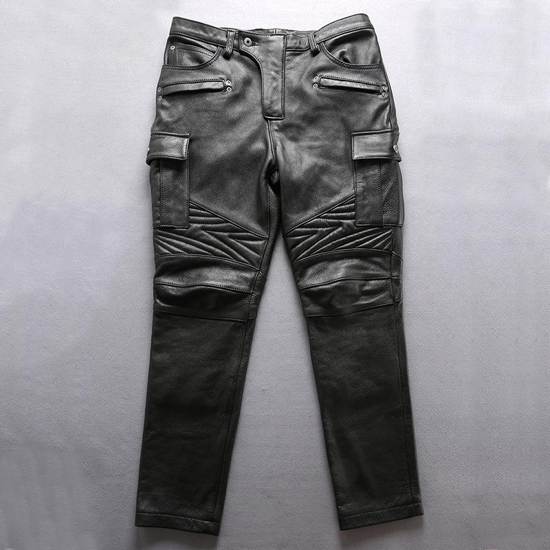 Designer Genuine Leather Men's Brand Profession Motorcycle Biker Long Trousers Vintage Large Size Soft Cowskin Black Pants