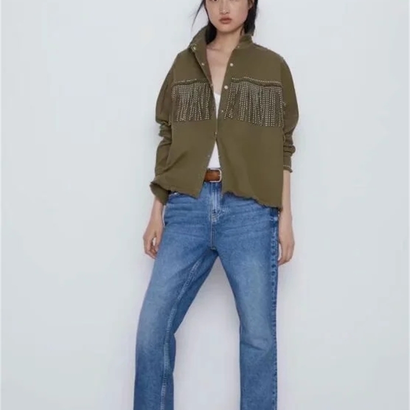 Fshion black green Denim jacket women wintwr coat Streetaear long sleeve tassel casual laides office and 210521