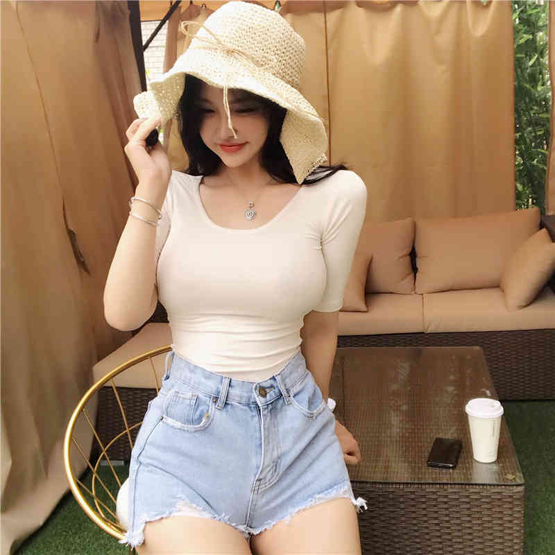 Summer Cotton White Pink Sexy Tops Women Casual O Neck Blouse for Short Sleeve Solid Ladies Shirts Clothes 9264 50 210508