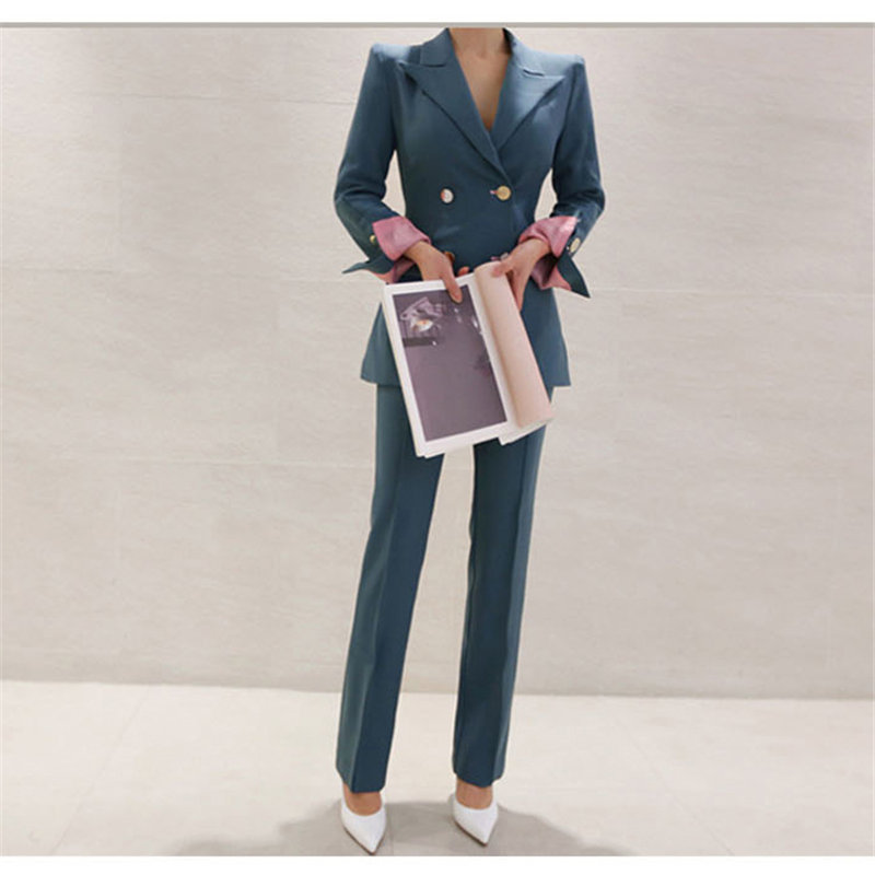 Autumn OL Waist-Controlled Elegant All Match Office Lady Blazer +Casual Loose Straight Trouser Suits Women 2 Piece Sets 210421