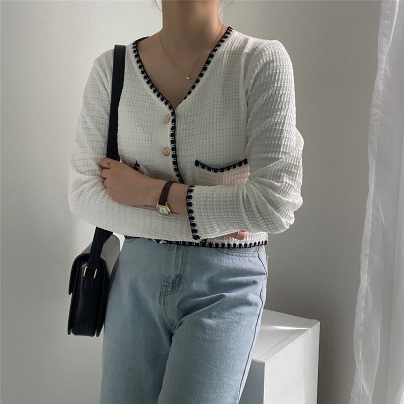 Loose Knitted Chic High Waist Basic Women V-Neck Autumn Office Lady Work Cardigans Sweaters Female Tops 210421