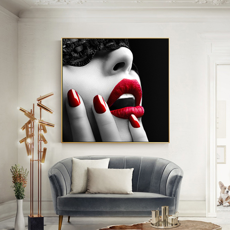 Wall Art Posters and Prints Sexy Women Red Lips and Nails Canvas Painting Wall Art for Living Room Modern Decoration