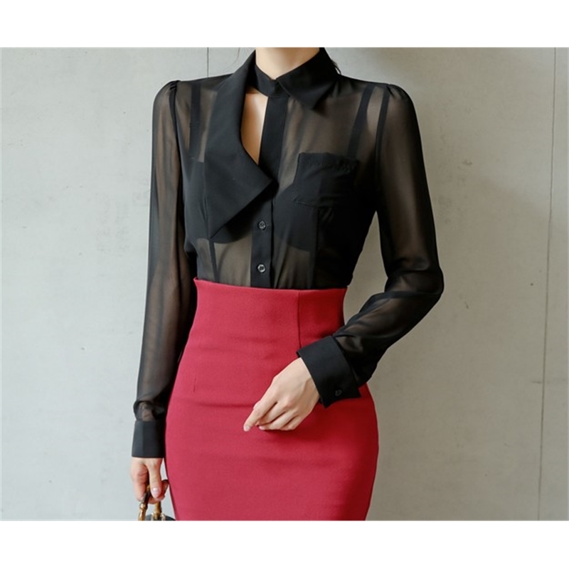 Women Autumn Office OL Work Wear 2 Pieces Set Sexy See Through Black Blouse Top + High Waist Red Pencil Bodycon Skirt 210519