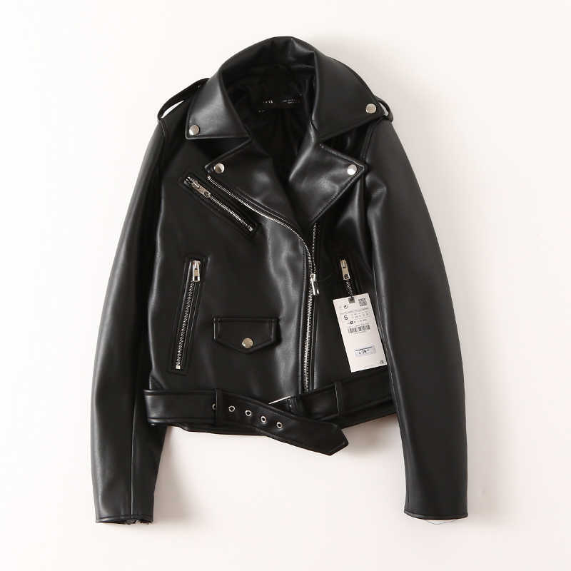 Ailegogo Autumn Women Black Pu Faux Leather Jacket Streetwear Moto Biker Slim Fit Turn Down Collar Coat Outwear with Belt 210909