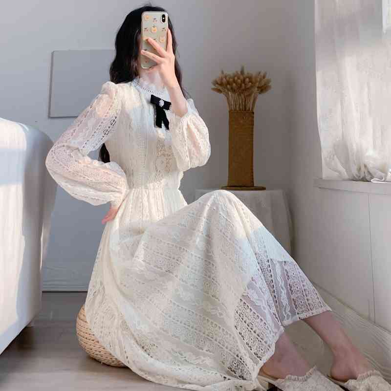 Fashion Runway Spring Lace Hollow Out Long Dress Women Bow Stand Collar High Waist Elegant Party Vestido 210520