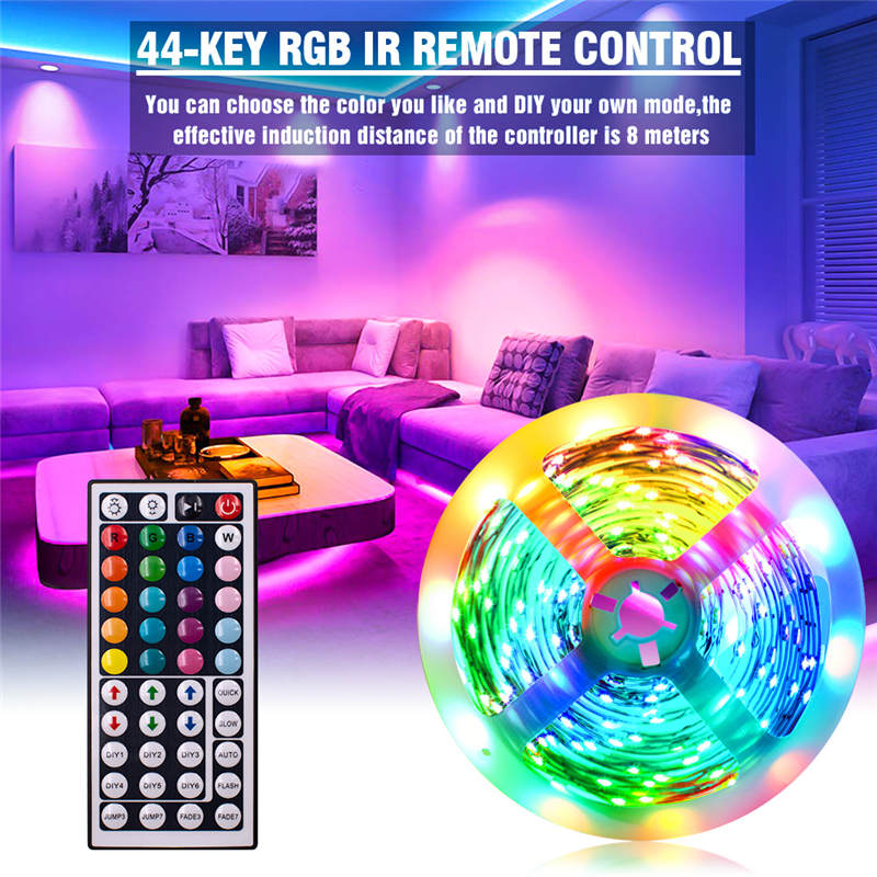 USA Stock Led Strips 16.4ft 32.8ft 12V-5050 Lamp Beads RGB 44 Keys Remote Control 150LEDs 300LEDs suitable for outdoor, KTV, living room, bedroom ect.