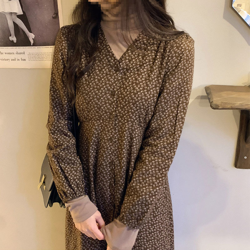 Spring Autumn Girls Drawstring Sleeve Boho Beach V Neck Floral Print Robe Medium Long T-Shirt Dress T0D902C 210416