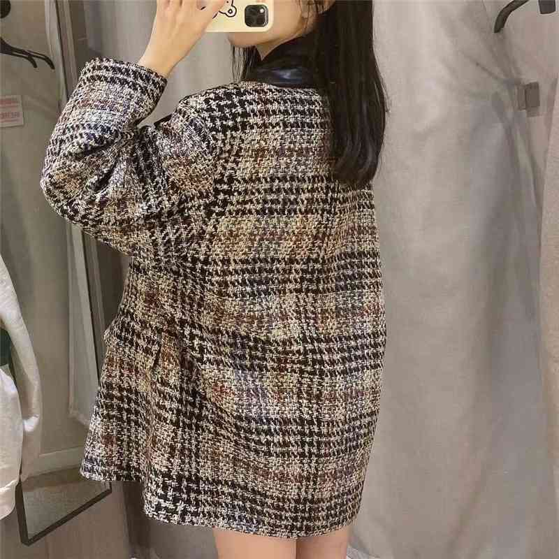 Vintage Women Faux Leather Notched Collar Blazers Fashion Ladies Woolen Plaid Jacket Streetwear Female Chic Loose Coat 210430