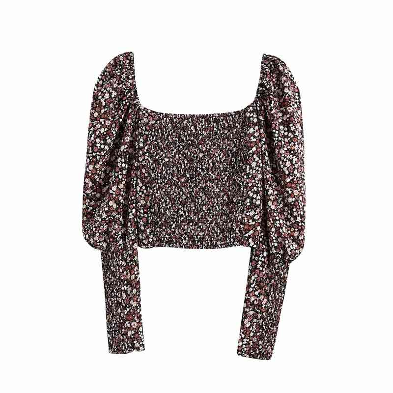 Vintage Women Floral Print Shirts Fashion Ladies Chiffon V-Neck Tops Streetwear Female Chic Puff Sleeve Blouses 210430