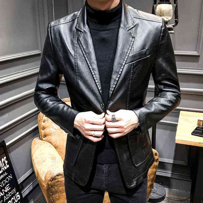 Autumn Faux Leather Suit Jackets Men Solid Motorcycle Long Sleeve Blazer Coats Fashion Casual Slim Business PU Outwear Male 6XL 211111