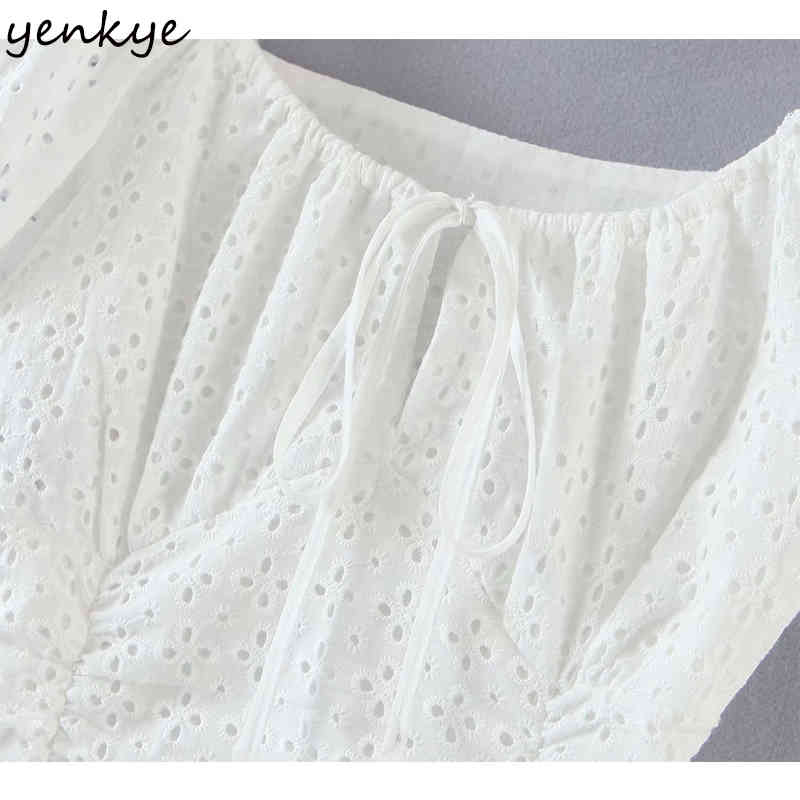 YENKYE Fashion Women White Draped Sexy Lace Dress Female Square Neck Short Sleeve Bodycon Mini Dress Summer Party Vestido 210515