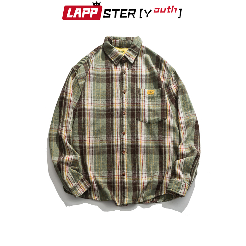 Thick Harajuku Vintage Plaid Shirts Long Sleeve Autumn Male Desginer Kpop Fashions Button Clothing 210420