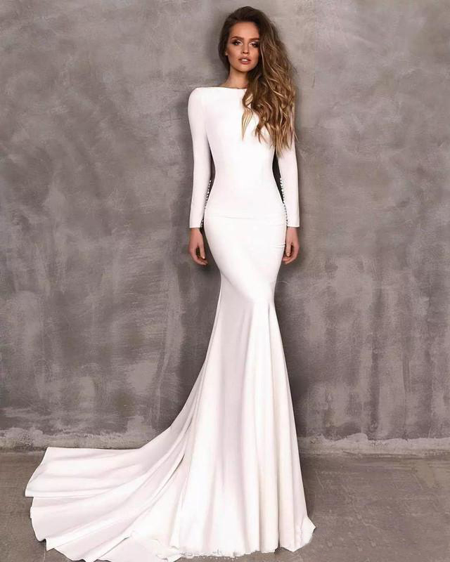 2021 Vintage Berta Sheath Wedding Dresses Stretch Satin Long Sleeve Backless Bridal Gowns vestidos de novia Wedding Dress Custom Made