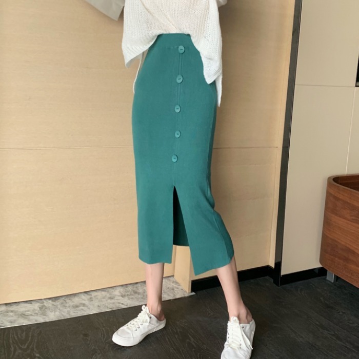 Nomikuma Autumn Winter Women Sweater Skirts Korean Buttons Split High Waist Slim Knitted Skirts Fashion Faldas Mujer 6D269 210427