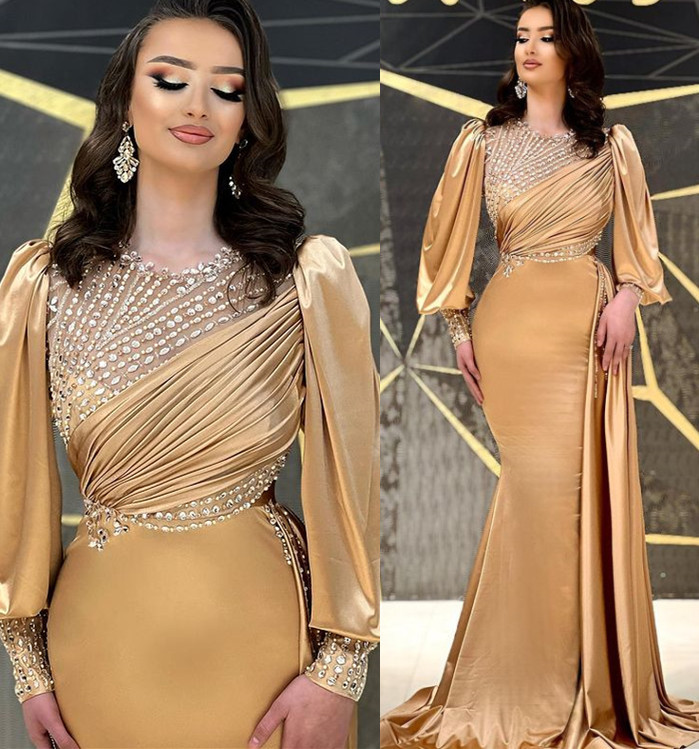 2022 Plus Size Arabic Aso Ebi Gold Mermaid Sexy Prom Dresses Beaded Crystals Evening Formal Party Second Reception Birthday Engagement Gowns Dress ZJ6